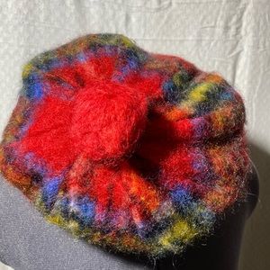Vnt Hat Beret Mohair Pom Pom Plaid Wool Tam Cap